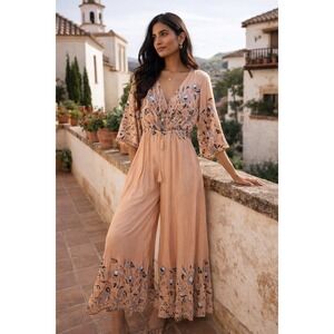 Jaase Wide Leg Jumpsuit XL Boho Rayon Wrap V-Neck Tassel Peach Floral Print